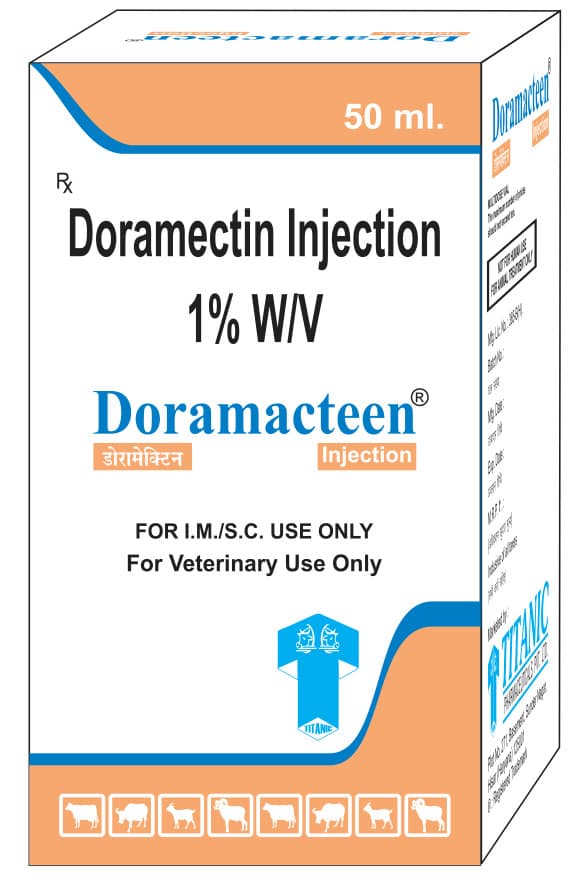 Doramacteen INJ (Anthelmintic & Dewormer - doramectin is a long-acting injectable solution indicated for the treatment and control of gastrointestinal roundworms, parafilaria, screwworms, sucking lice, mange mites and single host ticks in cattle) for cows, buffaloes, and livestock - Titanic Pharmaceuticals Pvt. Ltd.