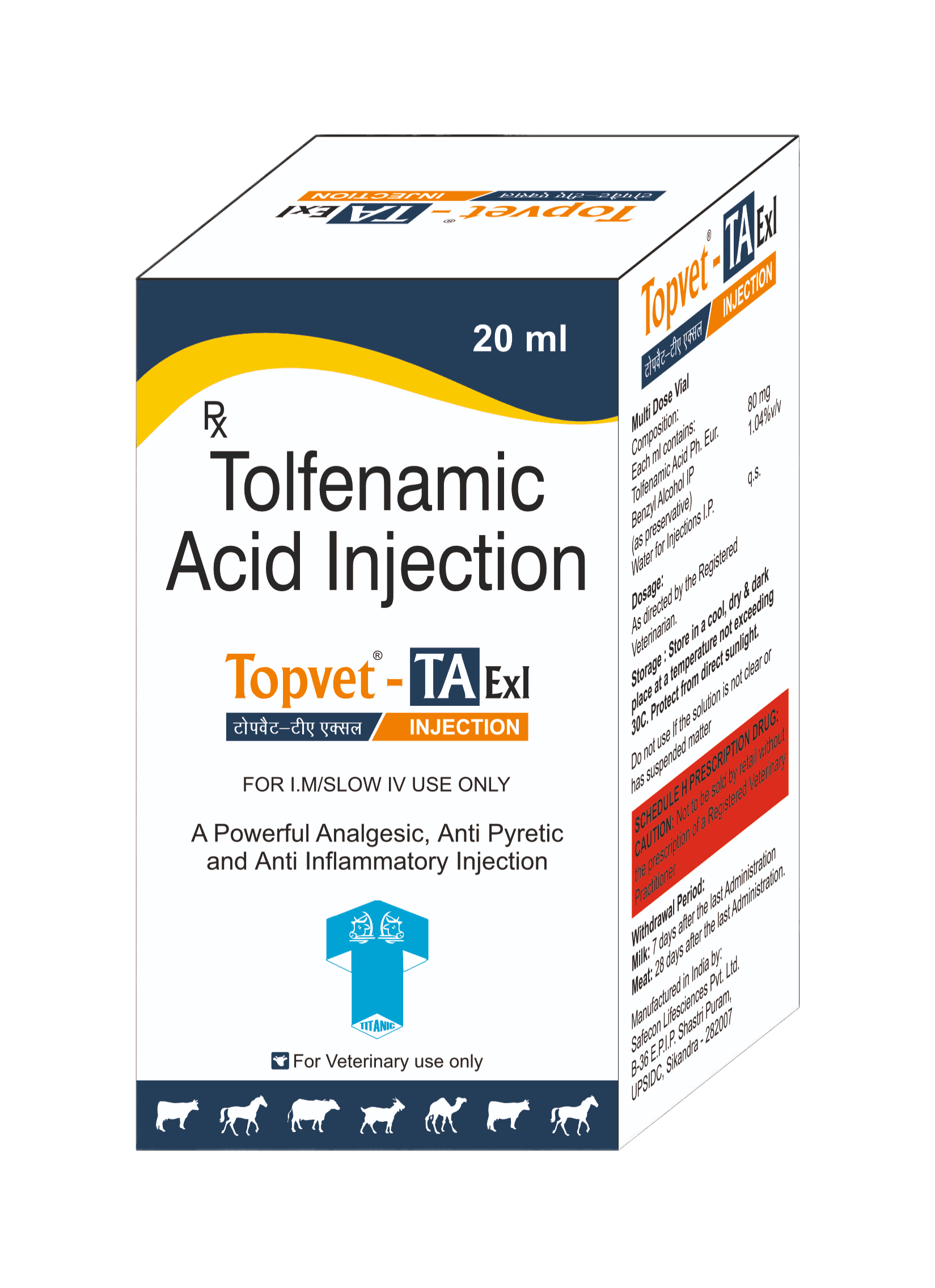 Topvet-TA Exl Inj. (Anti-Inflammatory & Analgesic - mastitis and metritis) for cows, buffaloes, and livestock - Titanic Pharmaceuticals Pvt. Ltd.